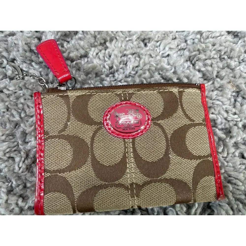 Coach Brown Tan Pink CC ID Holder Key Chain Keychain Jacquard Fabric